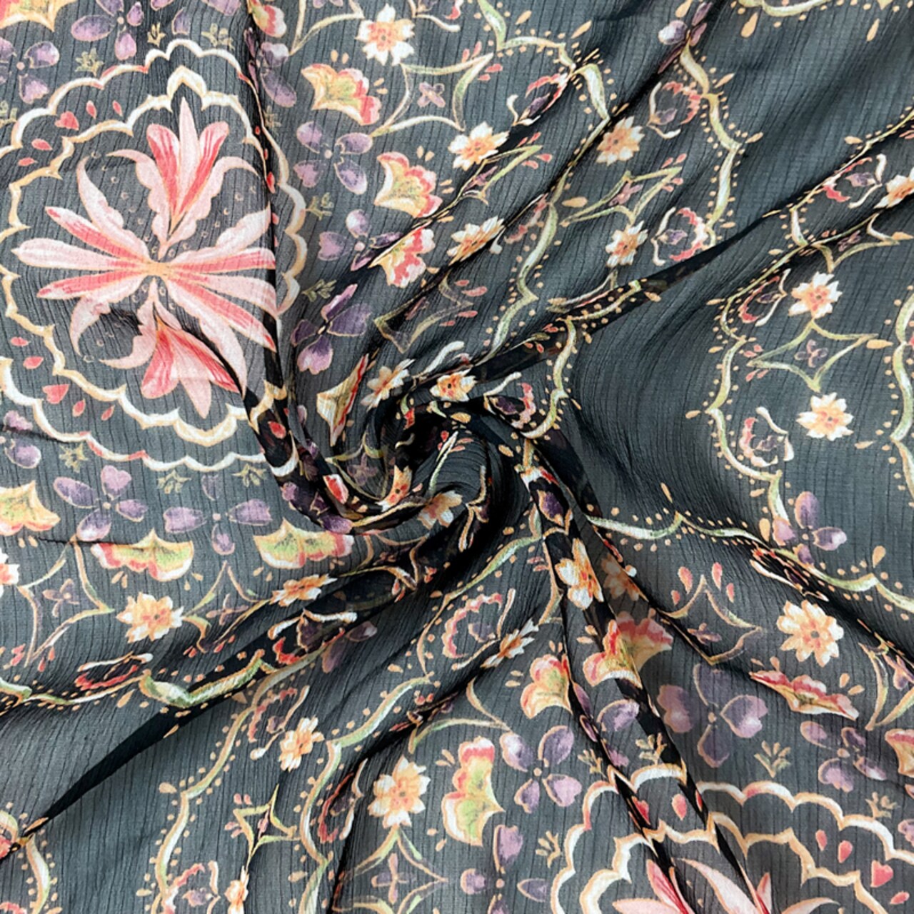Black-Multi Poly Floral Printed Yoryu Chiffon Woven Fabric By the Yard